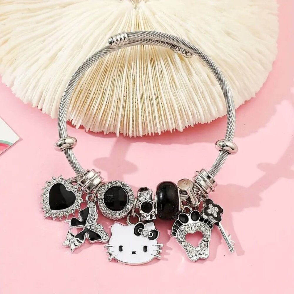 Hello Kitty Charm Bracelet Sanrio Rhinestone Heart Key Emo Beads Trendy Glam Fun
